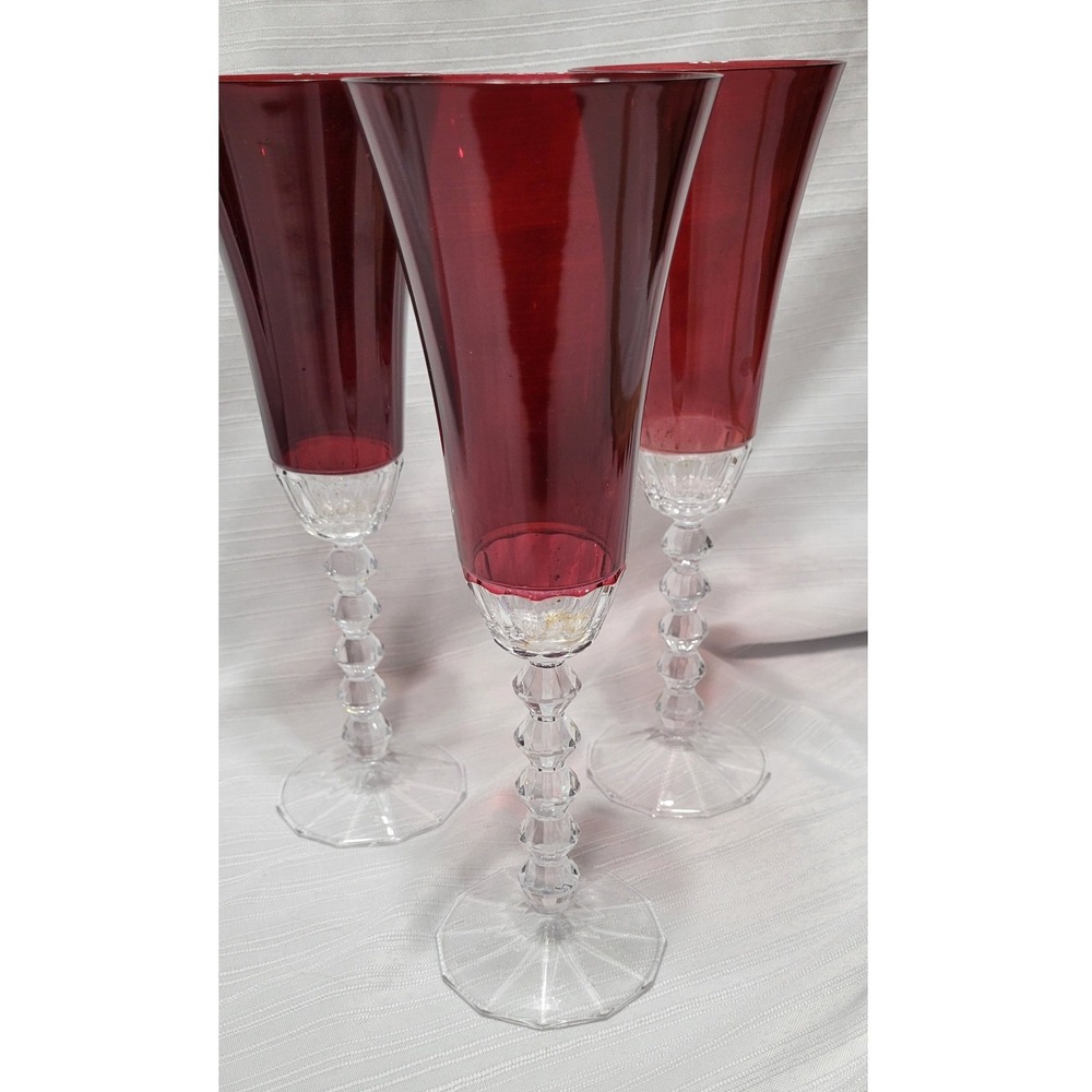 Champagne Flutes Ruby Red Flared Bowl Faceted Ball Stem 9.75" Set of 3 timeless